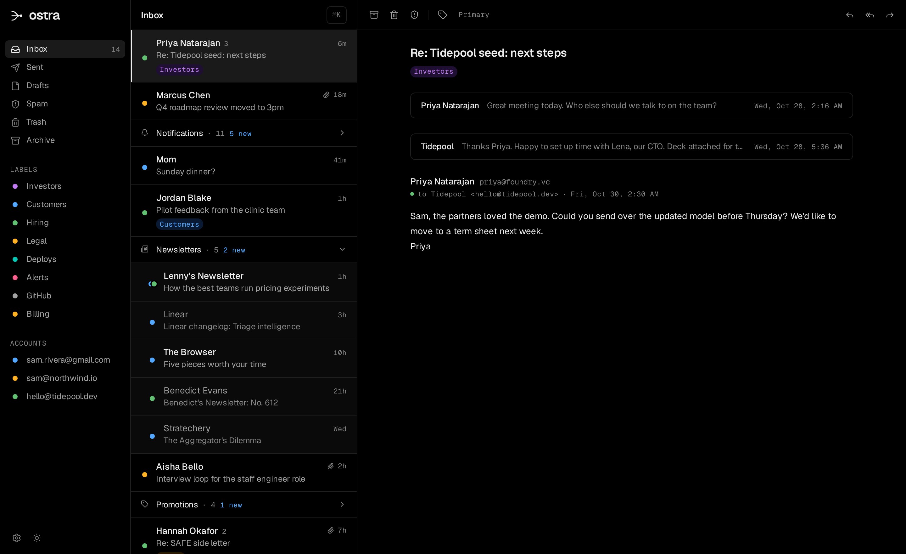 The Ostra inbox: three accounts in one list, newsletters folded into a bundle row, and a conversation with an investor open.